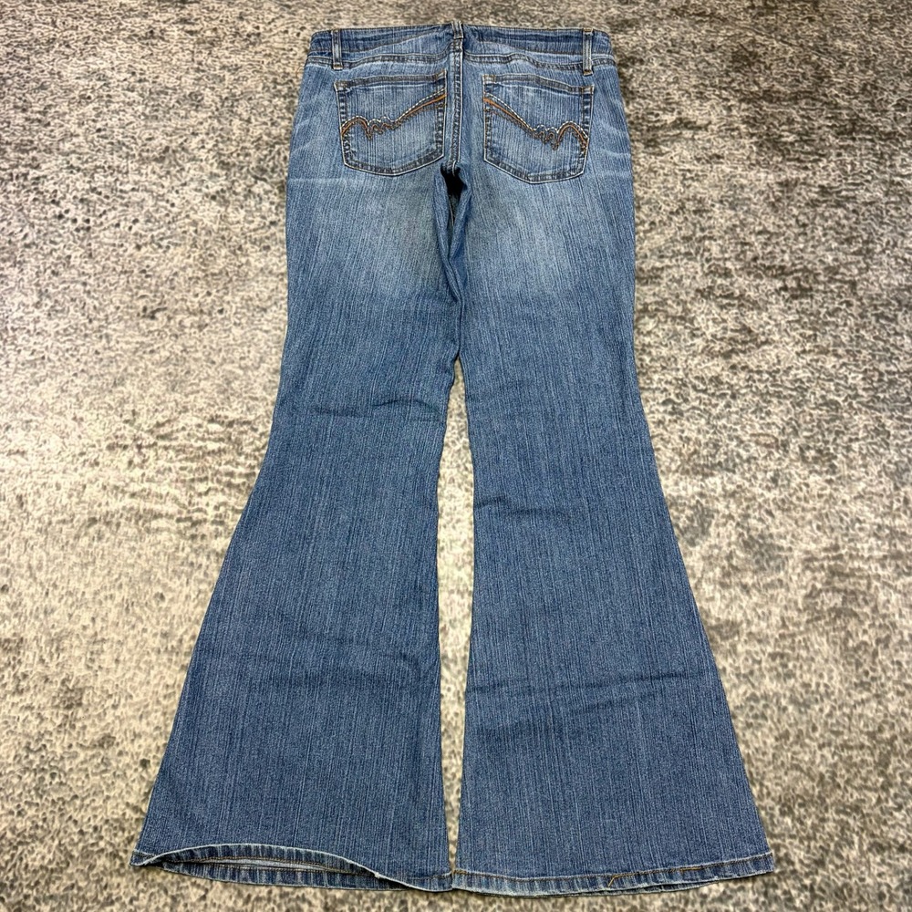L.E.I. Ashley Ultra Low Rise Jeans Womens 7 (30x32) Blue Bell Bottom Hippie Y2K